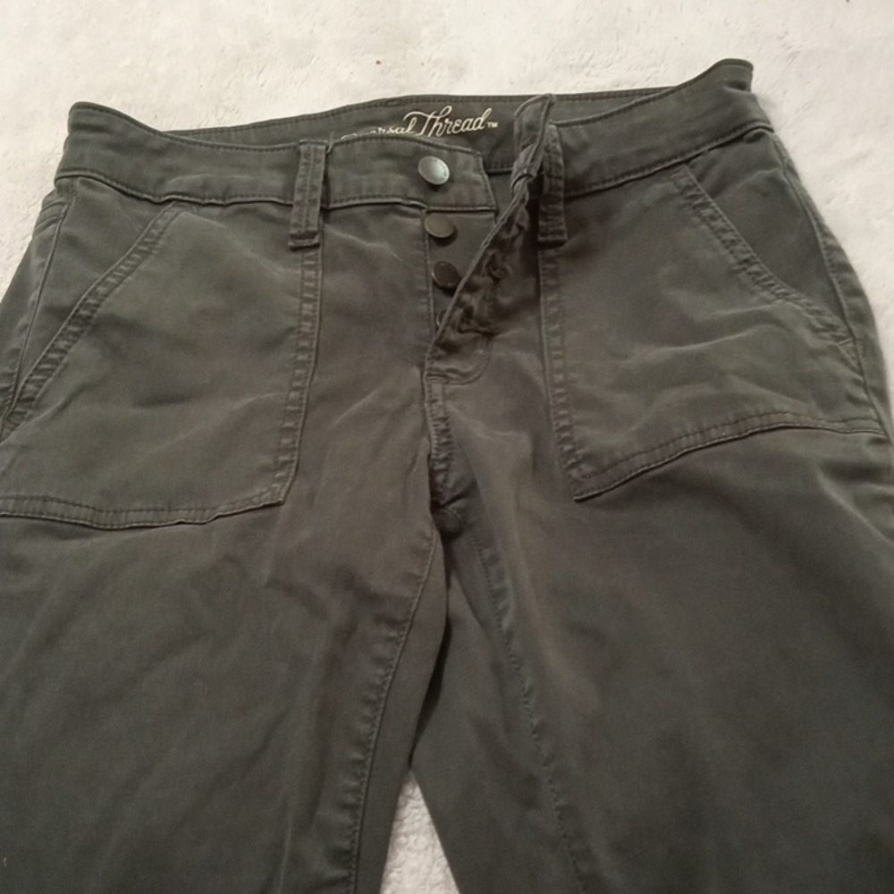 Button waist high rise dark green skinny jeans